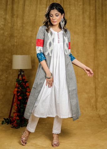 Delicate White Cotton Sleeveless Kurta with Grey Ikat Jacket & Contrast Sleeves (2 Piece) - Pant Optional