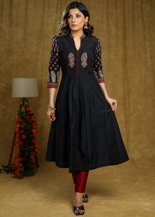 Exclusive Black cotton kurta with Ajrakh sleeves & Ambi embroidery on yoke.
