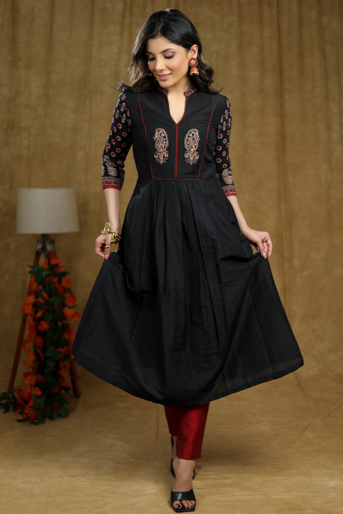 Exclusive Black cotton kurta with Ajrakh sleeves & Ambi embroidery on yoke.