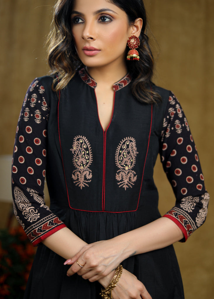 Exclusive Black cotton kurta with Ajrakh sleeves & Ambi embroidery on yoke. - Pant Optional
