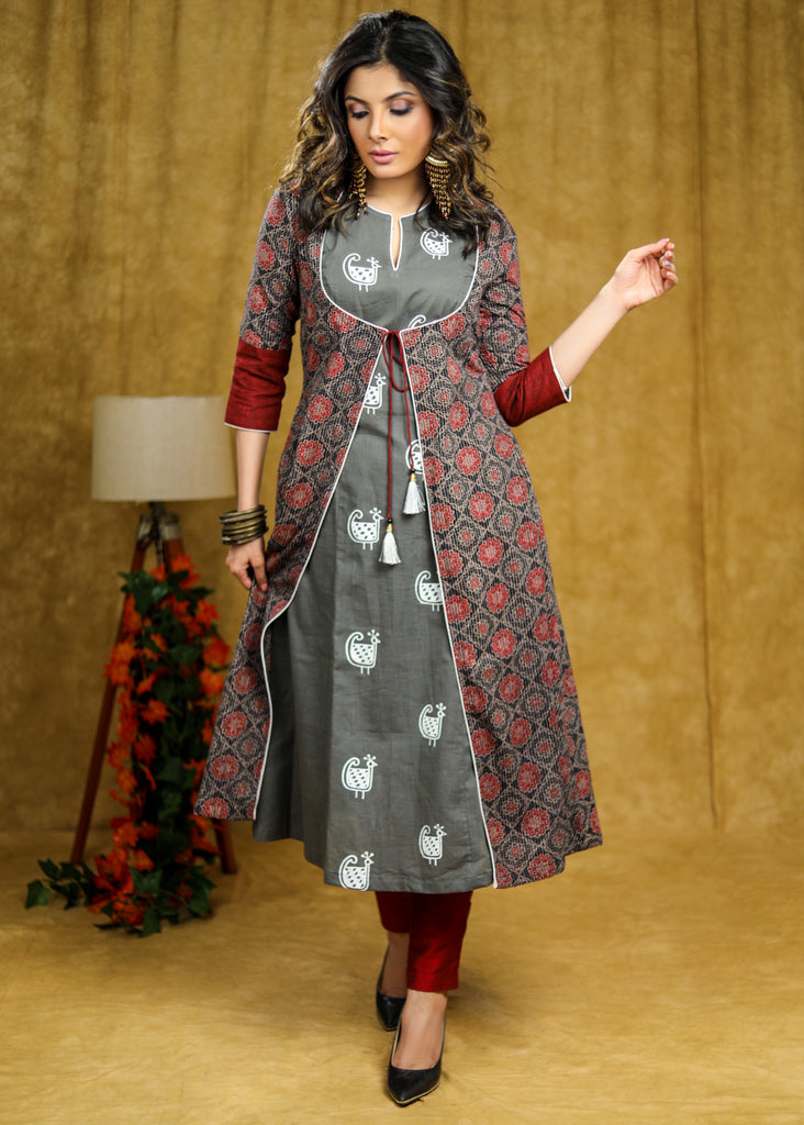 Trendy Cotton Ajrakh Kantha Printed Jacket with Beautiful Hand Painted Sleeveless Kurta (2 Piece) - Pant Optional