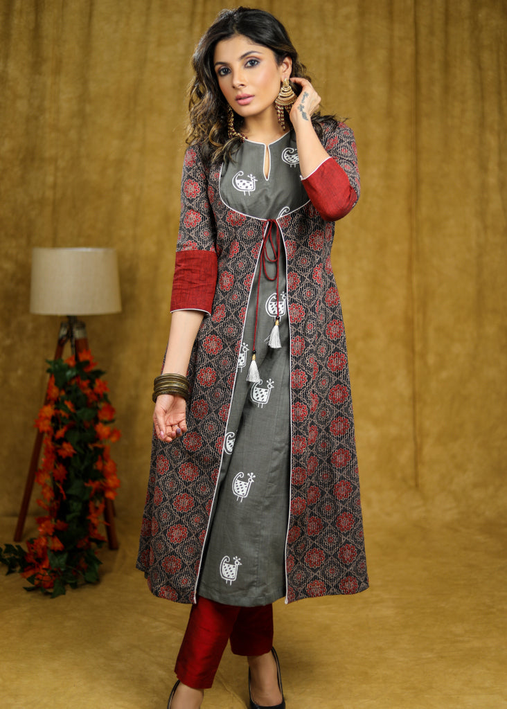 Trendy Cotton Ajrakh Kantha Printed Jacket with Beautiful Hand Painted Sleeveless Kurta (2 Piece) - Pant Optional