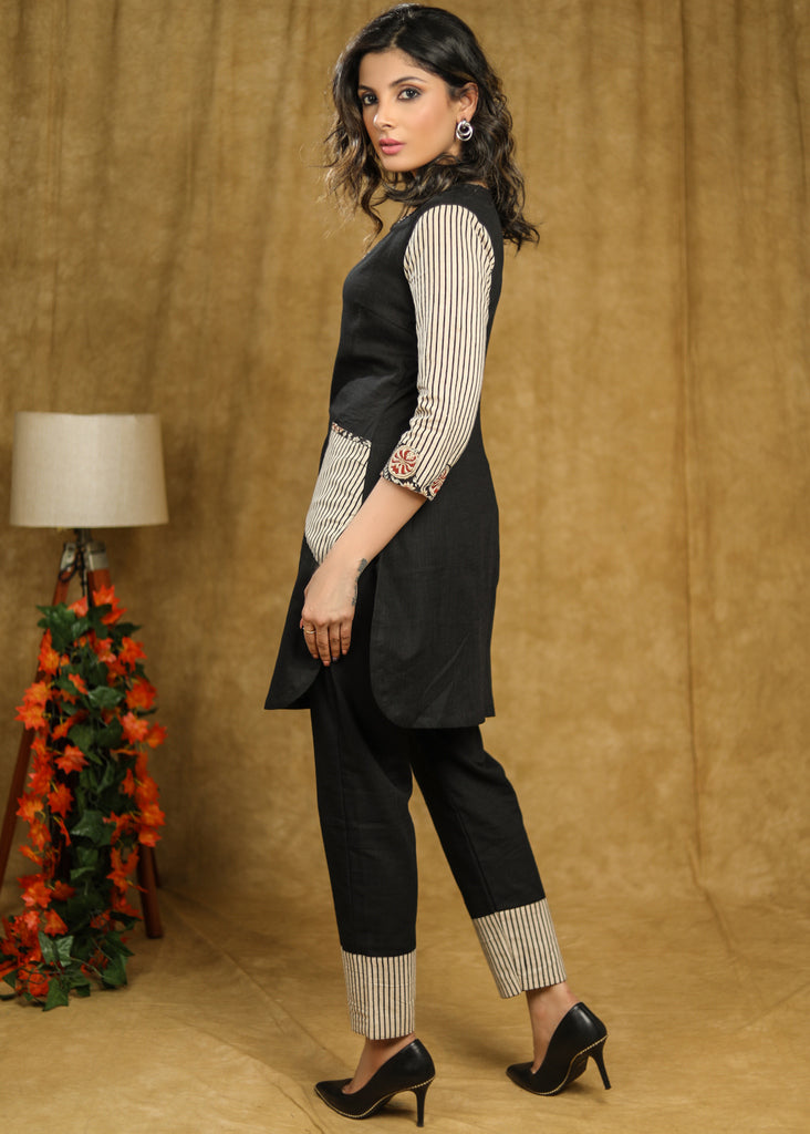 Stylish Black cotton short kurta & pant co-ord set with striped Ajrakh Detaling - Pant Optional