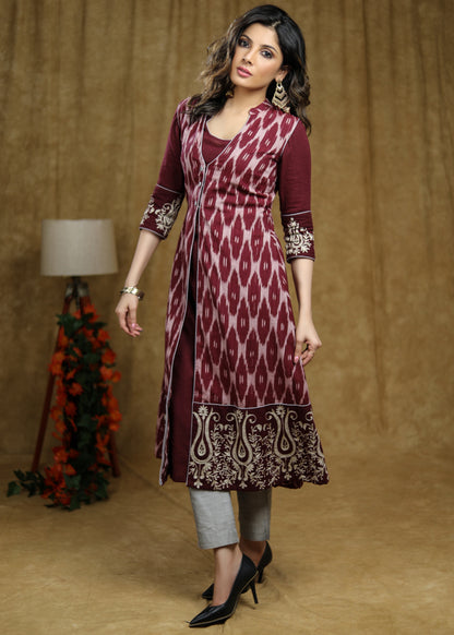 Cotton Embroidered Wine Kurta .
