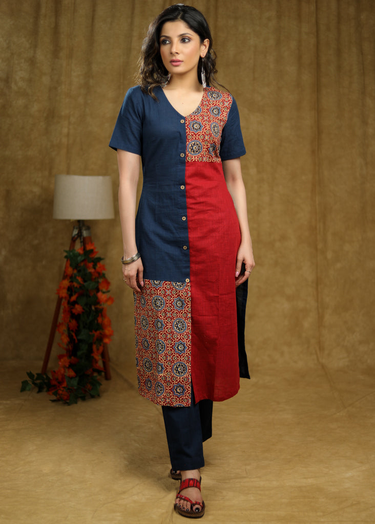 Simple and Elegant Cotton kurta with Ajrakh detailing - Pant Optional