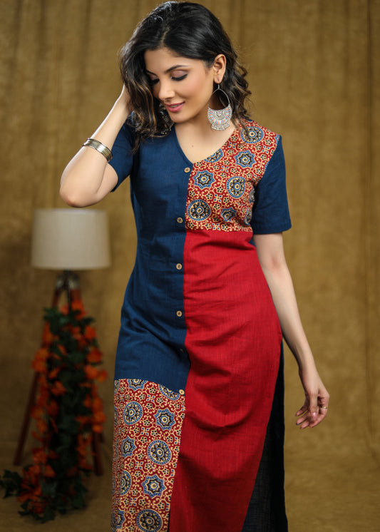Simple and Elegant Cotton kurta with Ajrakh detailing