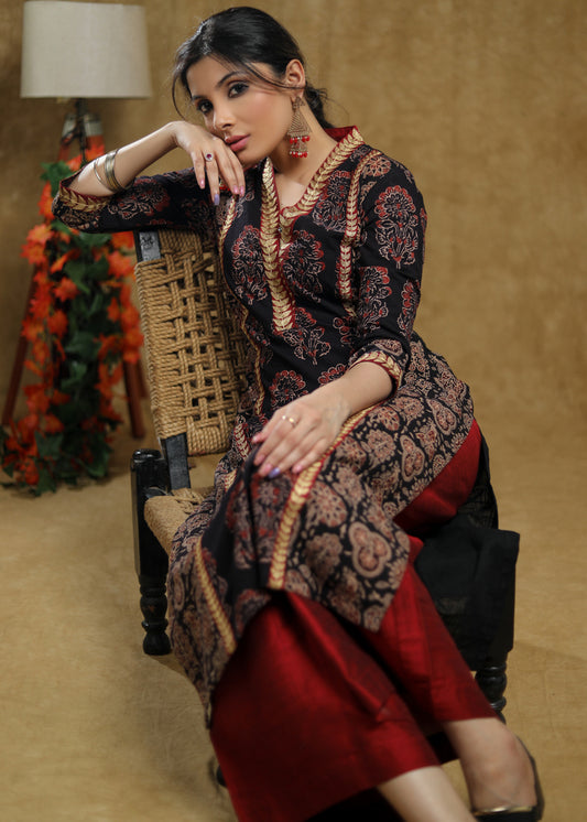 Striking Black Cotton Ajrakh mix prints kurta panel cut with beautiful zari work