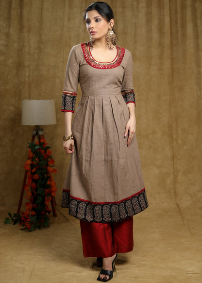 Pleated cotton Ajrakh Combination kurta with beautiful hand embroidery on neckline & sleeves