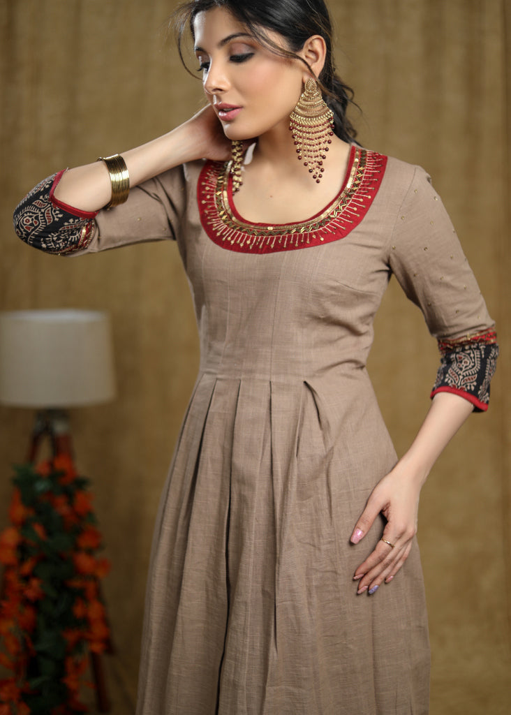 Pleated cotton Ajrakh Combination kurta with beautiful hand embroidery on neckline & sleeves