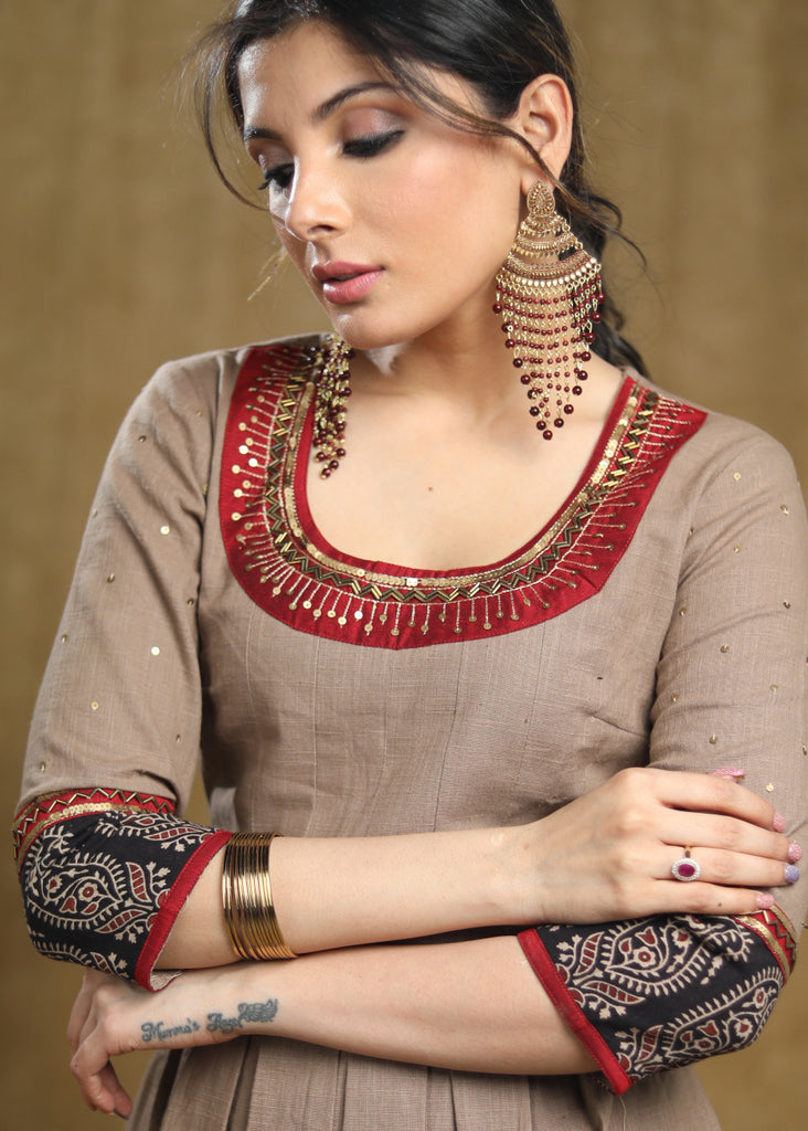 Pleated cotton Ajrakh Combination kurta with beautiful hand embroidery on neckline & sleeves