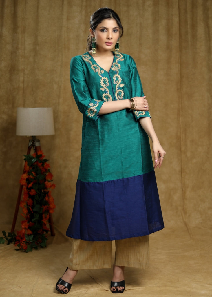 Exotic Turquoise green & Royal blue colour-blocked Cotton silk kurta with zari work on neckline