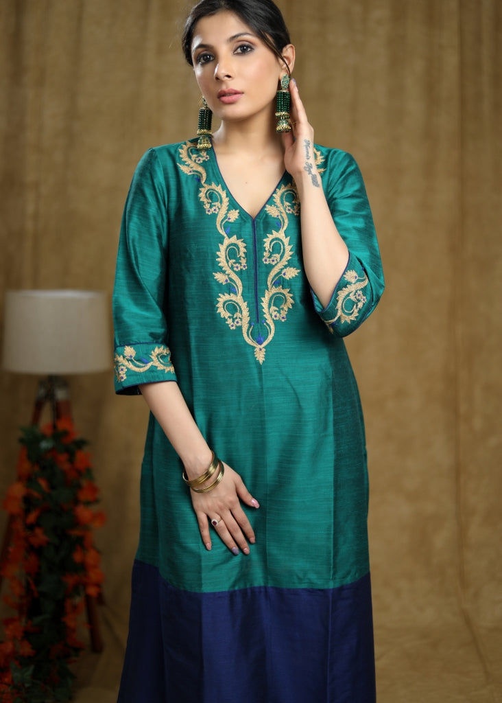 Exotic Turquoise green & Royal blue colour-blocked Cotton silk kurta with zari work on neckline