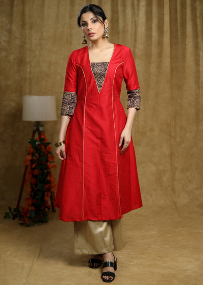 Trendy Red Cotton silk princess cut kurta with Ajrakh Detaling