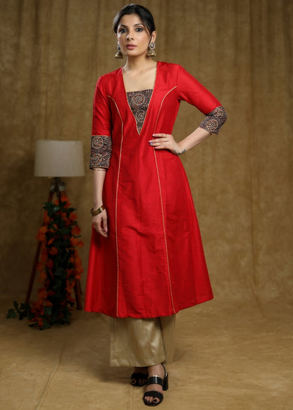 Trendy Red Cotton silk princess cut kurta with Ajrakh Detaling