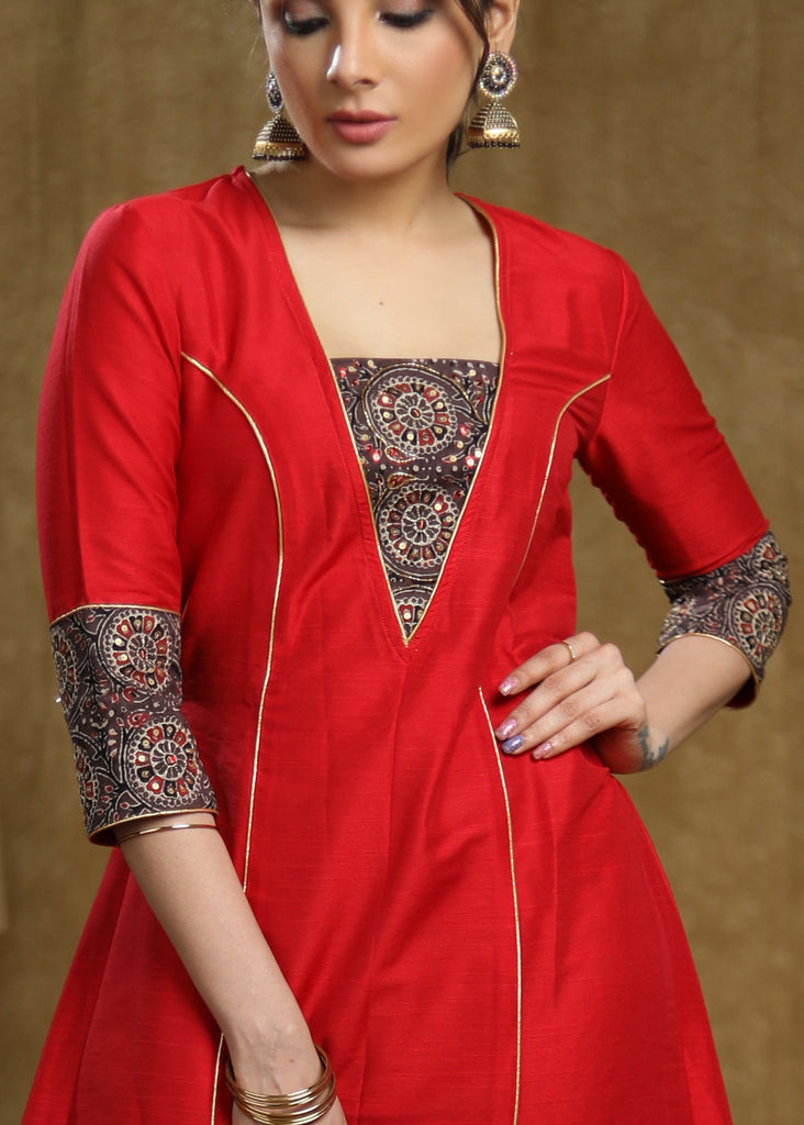 Trendy Red Cotton silk princess cut kurta with Ajrakh Detaling