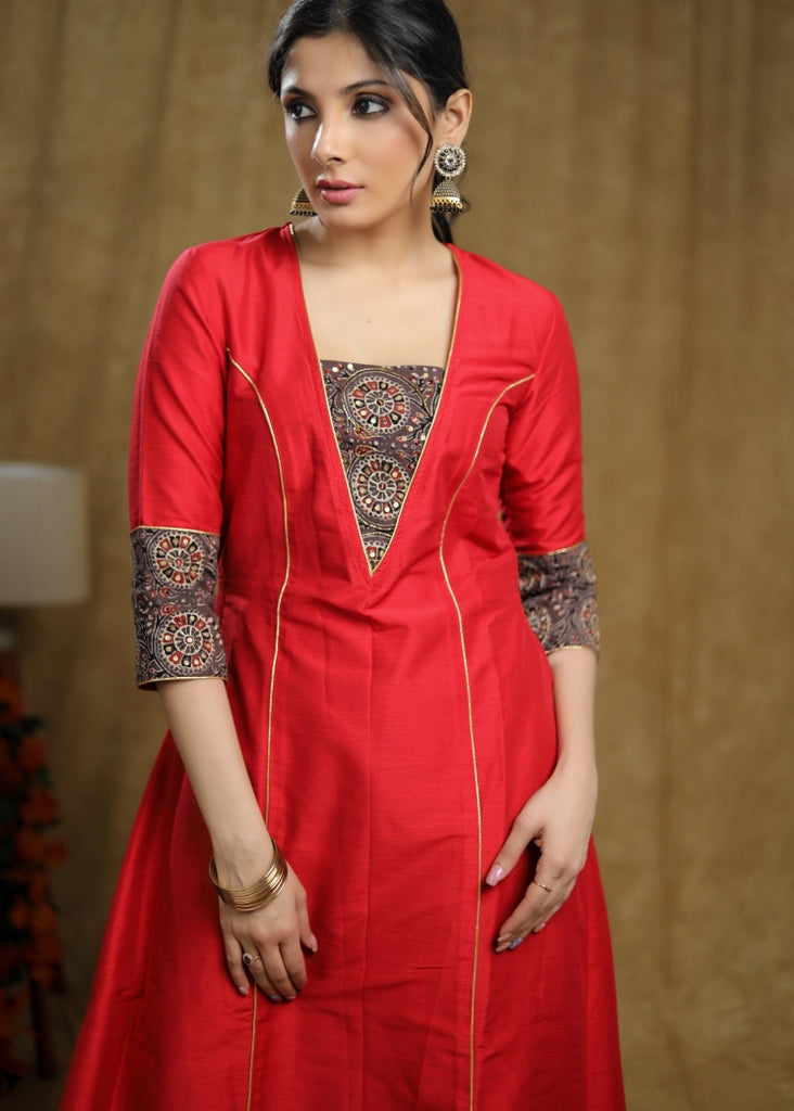 Trendy Red Cotton silk princess cut kurta with Ajrakh Detaling
