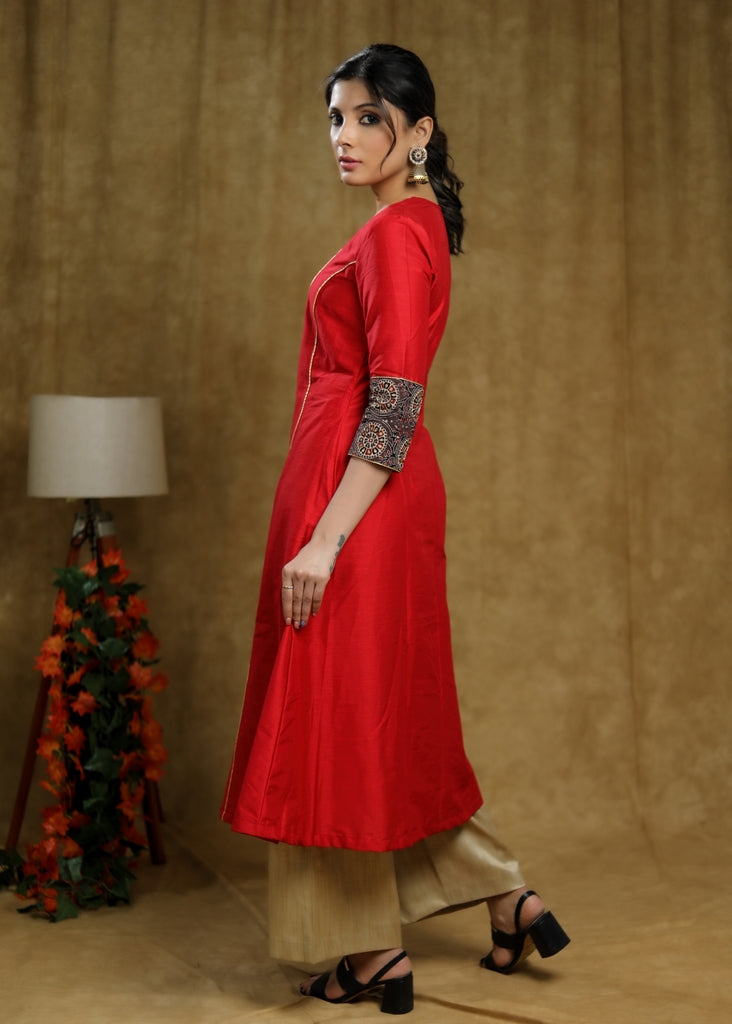 Trendy Red Cotton silk princess cut kurta with Ajrakh Detaling