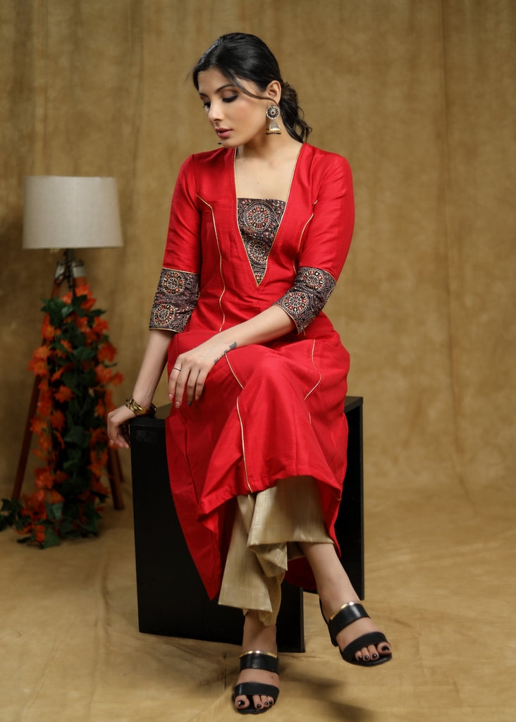 Trendy Red Cotton silk princess cut kurta with Ajrakh Detaling
