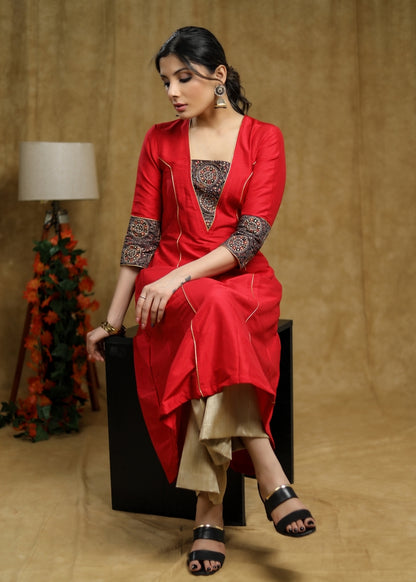 Trendy Red Cotton silk princess cut kurta with Ajrakh Detaling