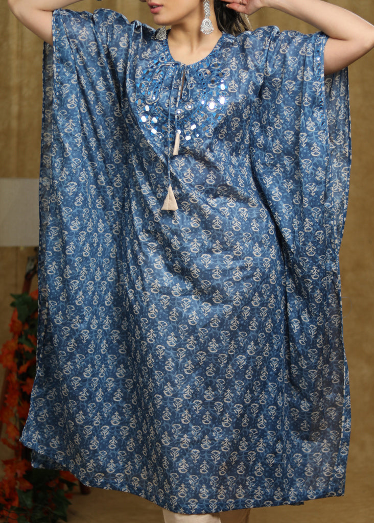 Trendy Cotton Indigo printed kaftan kurta with mirror Handwork.