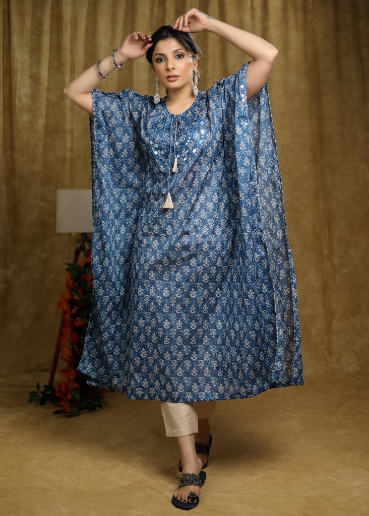 Trendy Cotton Indigo printed kaftan kurta with mirror Handwork.