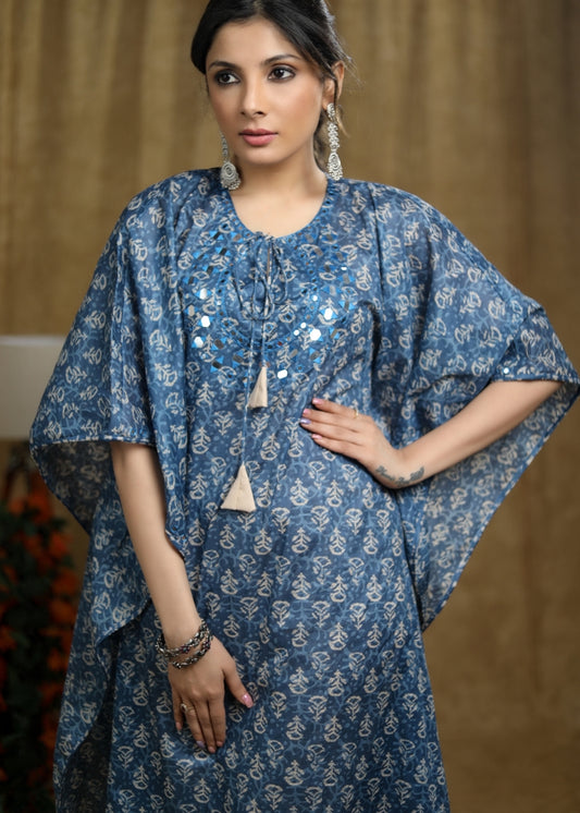 Trendy Cotton Indigo printed kaftan kurta with mirror Handwork.