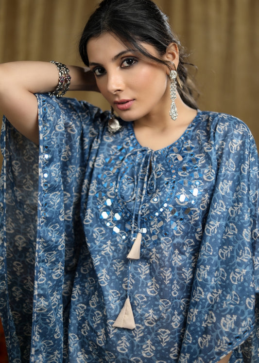 Trendy Cotton Indigo printed kaftan kurta with mirror Handwork.