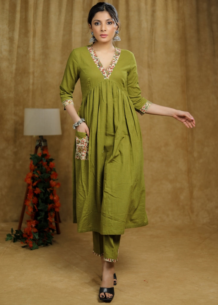 Breezy Mehendi green cotton kurti with floral print detailing & pocket
