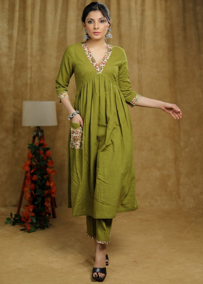 Breezy Mehendi green cotton kurti with floral print detailing & pocket