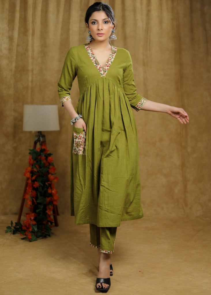 Breezy Mehendi green cotton kurti with floral print detaling & pocket