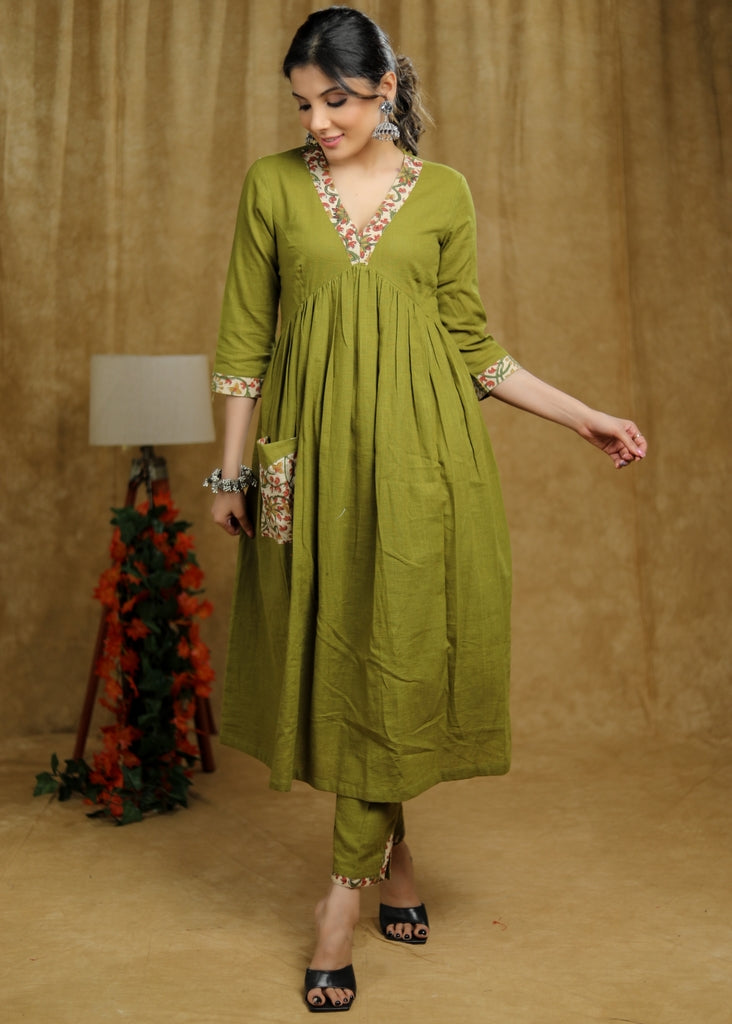 Breezy Mehendi green cotton kurti with floral print detailing & pocket