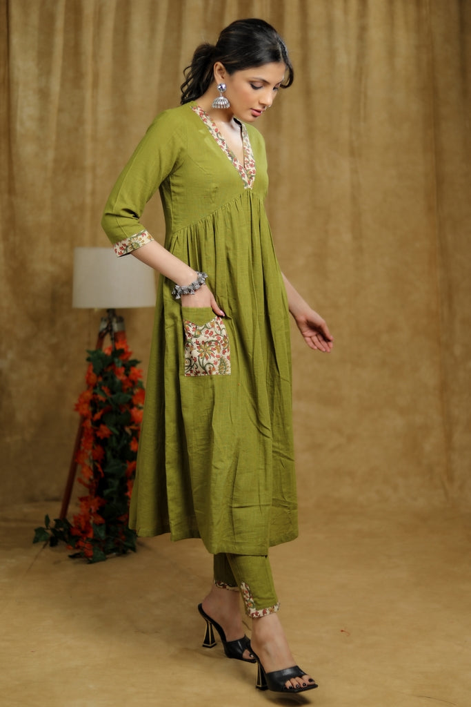 Breezy Mehendi green cotton kurti with floral print detailing & pocket