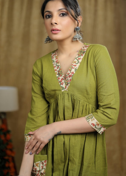 Breezy Mehendi green cotton kurti with floral print detailing & pocket
