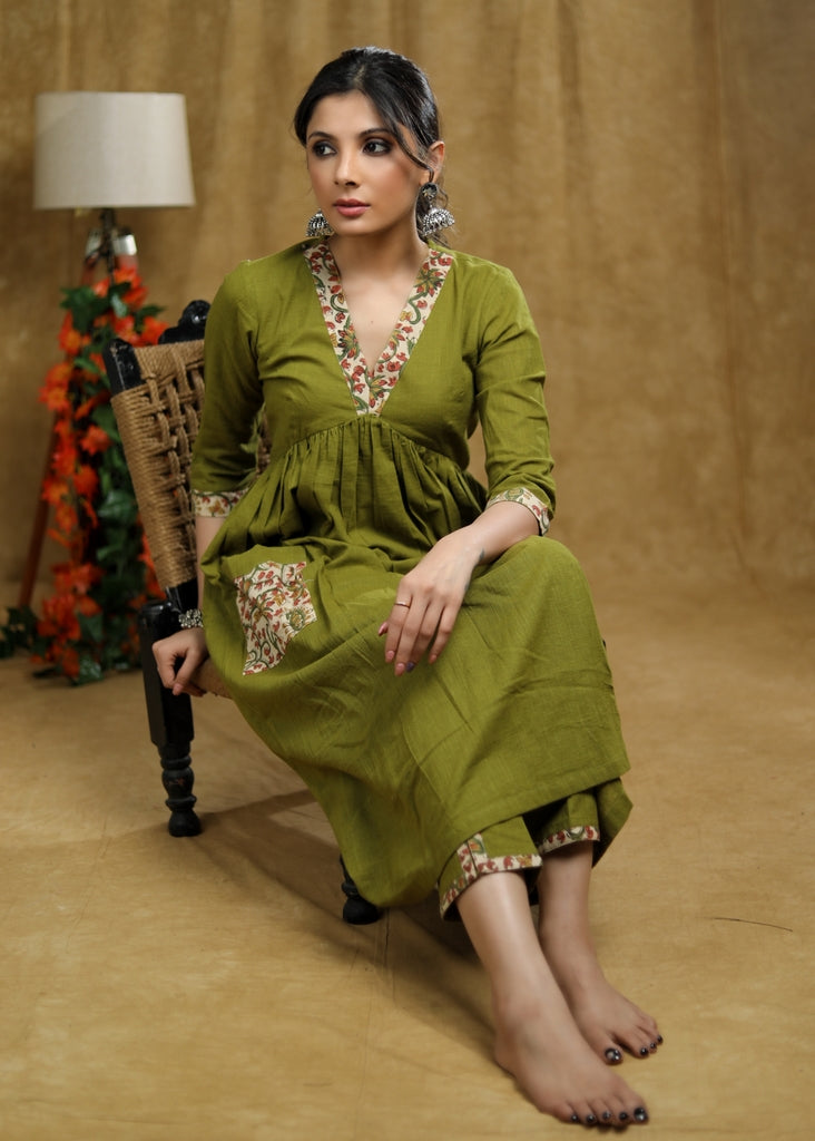 Breezy Mehendi green cotton kurti with floral print detaling & pocket