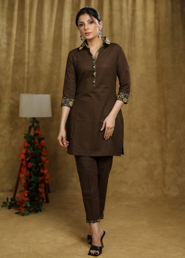 Summer Wear Brown cotton Short kurta & pant co-ord set with ajrakh detaling - Pant Optional