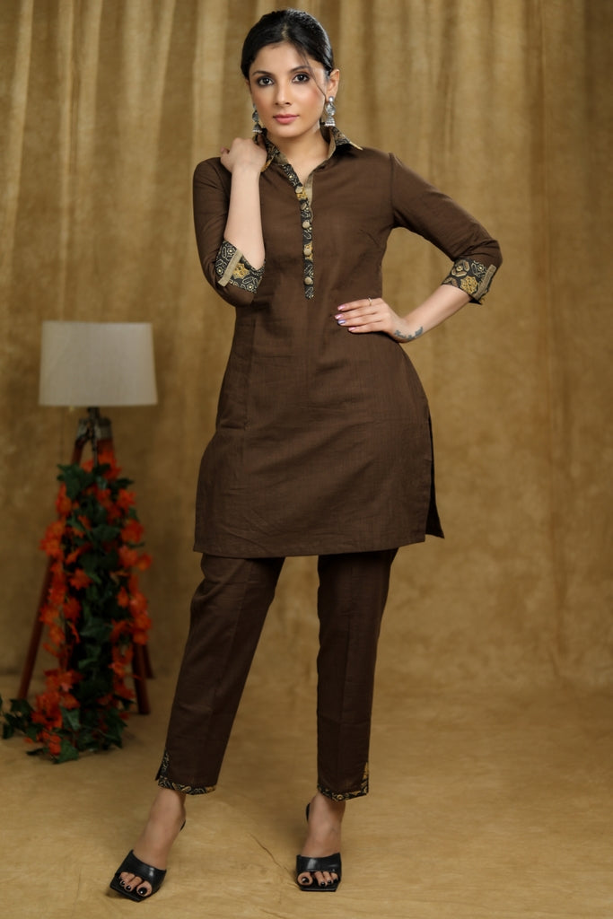 Summer Wear Brown cotton Short kurta & pant co-ord set with ajrakh detaling - Pant Optional