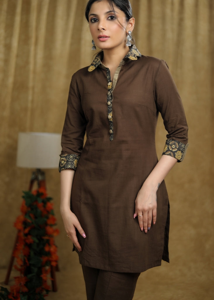 Summer Wear Brown cotton Short kurta & pant co-ord set with ajrakh detaling - Pant Optional