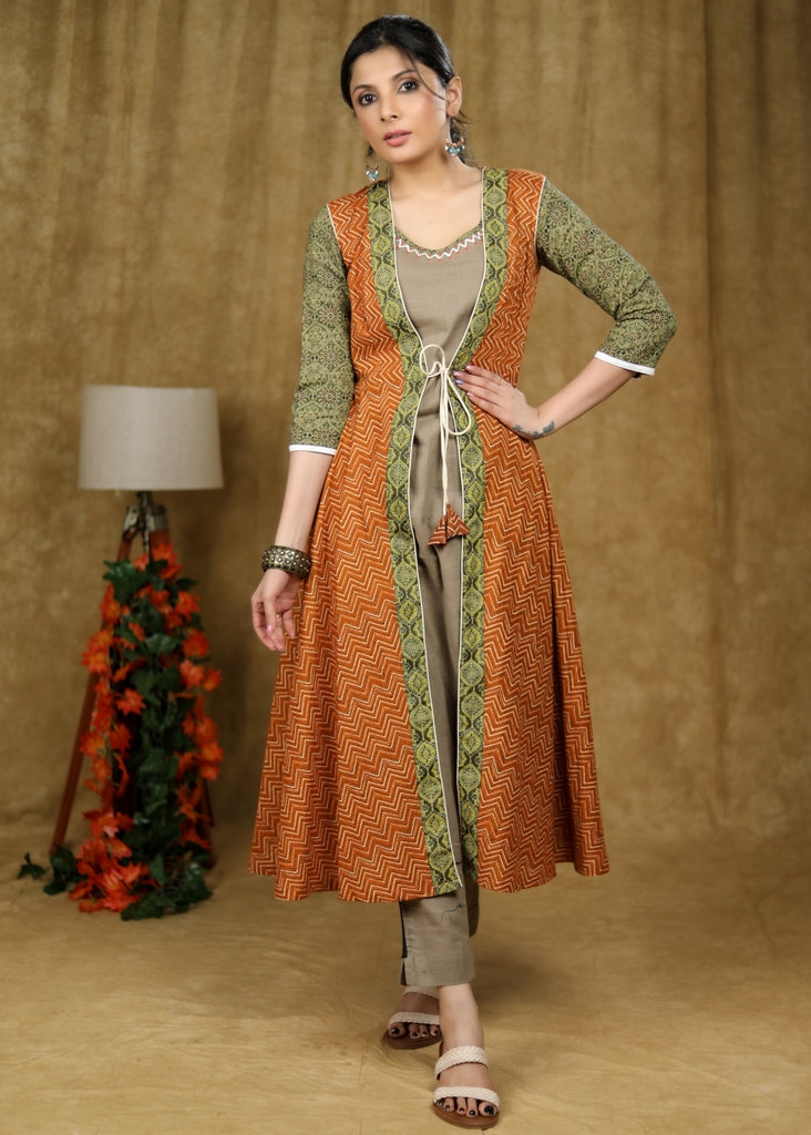 Beige Cotton Kurta with hand painting on neckline with Rust & Green Printed Jacket (2 Piece) - Pant Optional