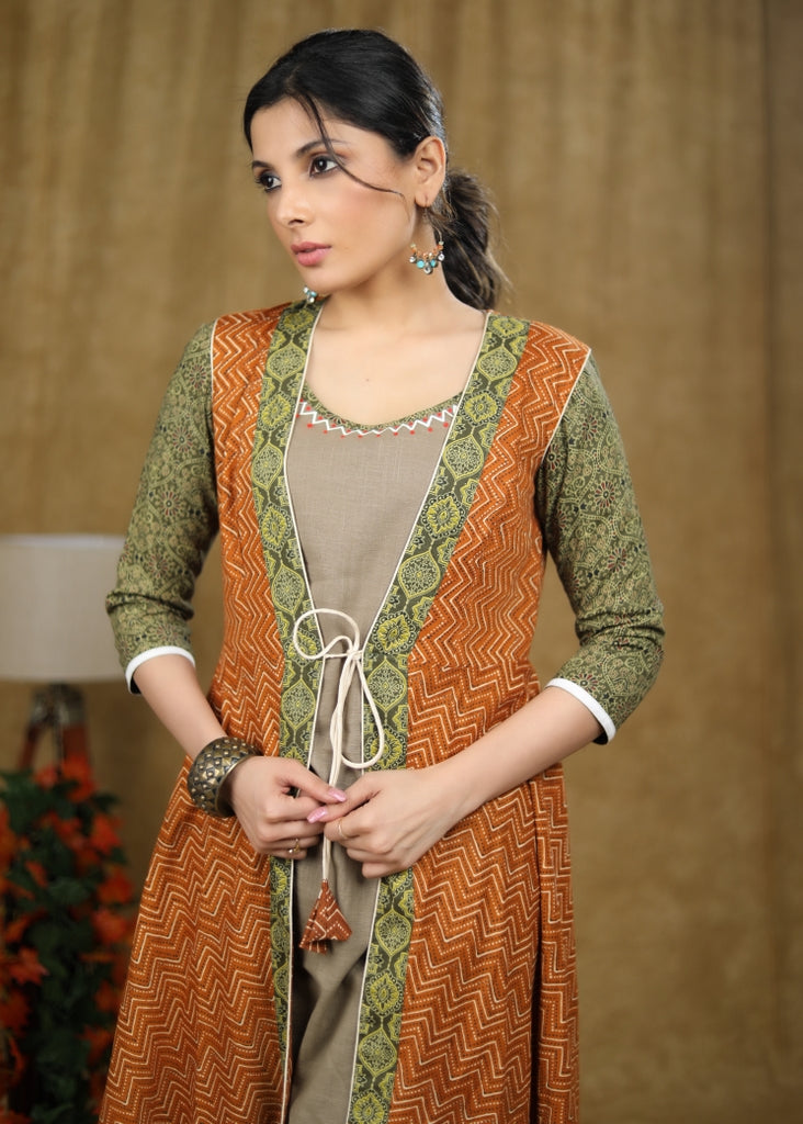 Beige Cotton Kurta with hand painting on neckline with Rust & Green Printed Jacket (2 Piece) - Pant Optional