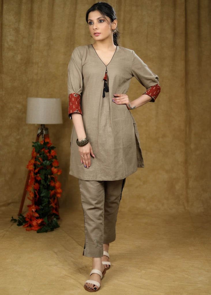 Trendy Beige cotton short kurta & pant co-ord set with contrast detaling - Pant Optional