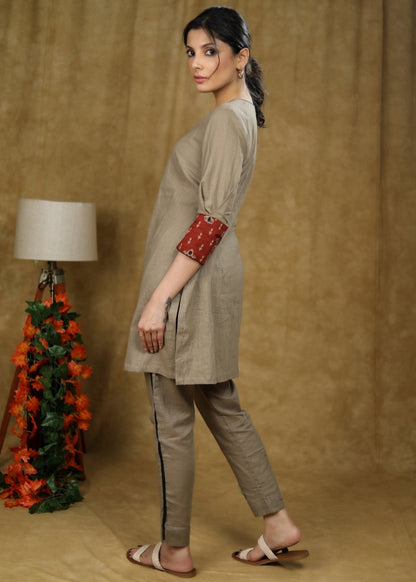 Trendy Beige cotton short kurta & pant co-ord set with contrast detaling - Pant Optional