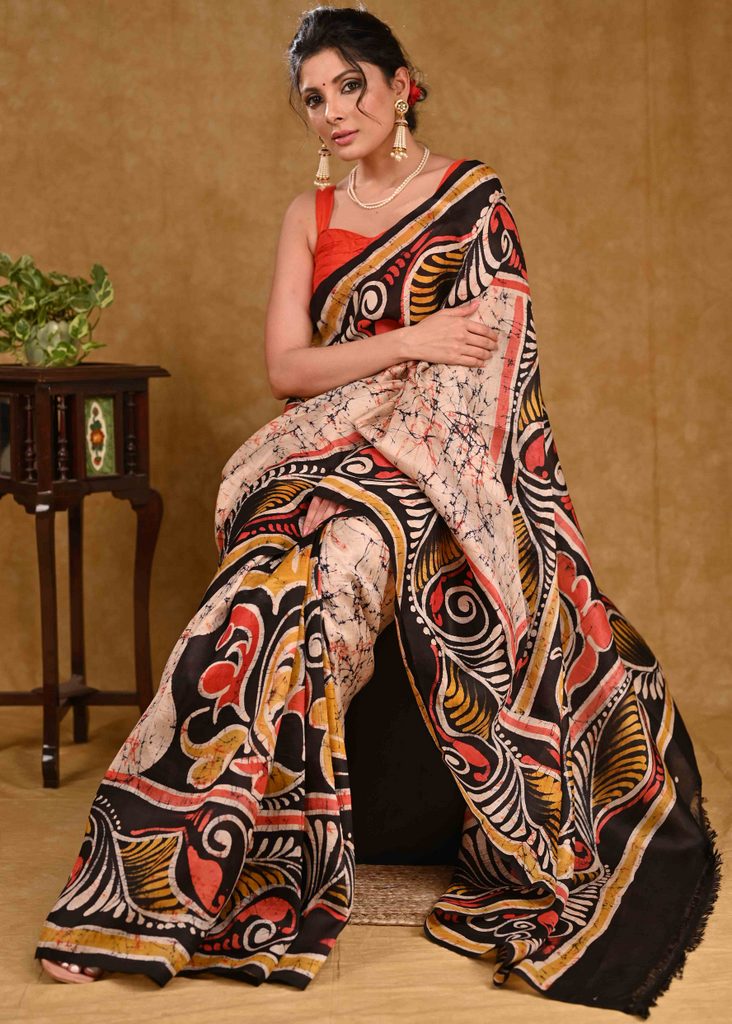 Elegant Beige Pure Silk Batik Saree