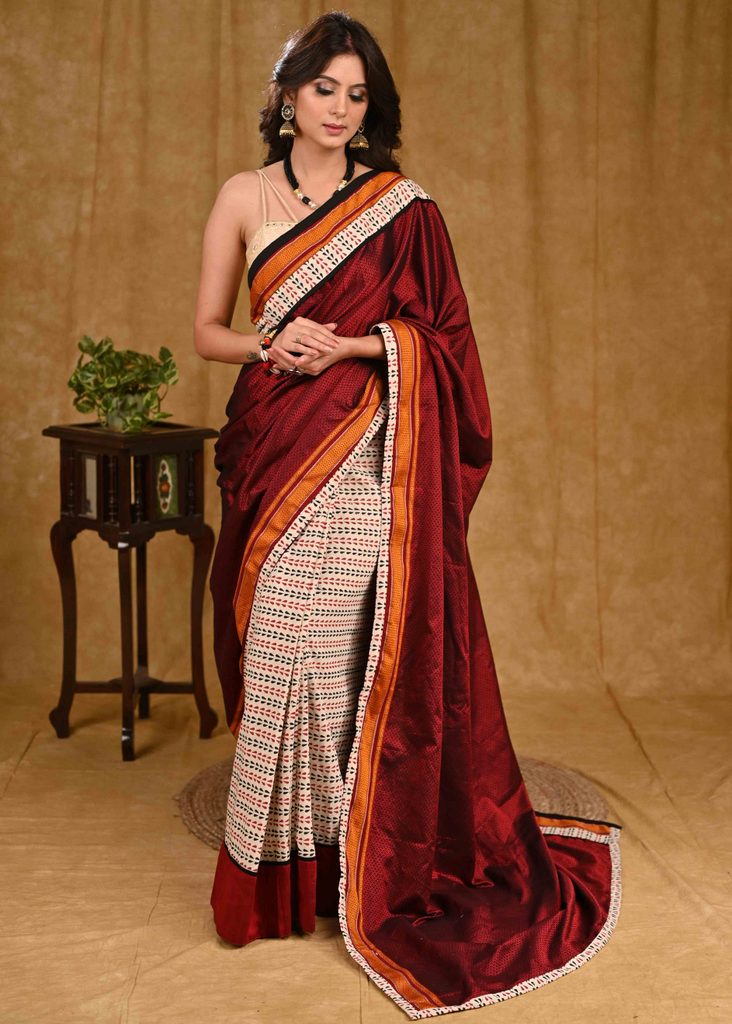 Classy Maroon Khun Pallu Saree with Cream Ajrakh Pleats