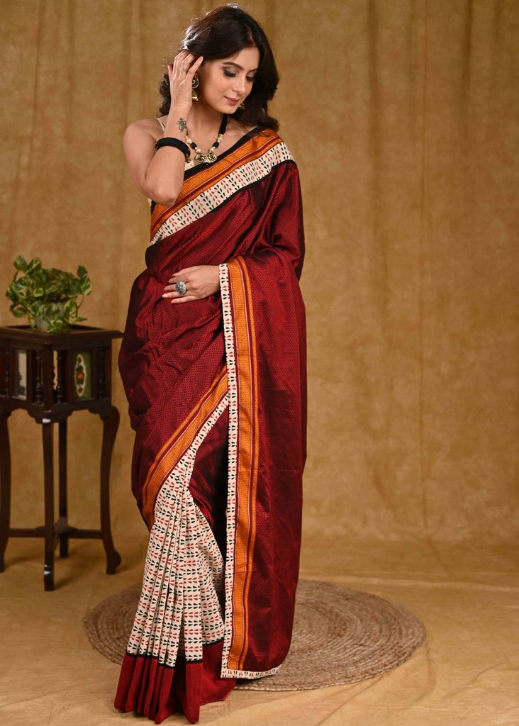 Classy Maroon Khun Pallu Saree with Cream Ajrakh Pleats