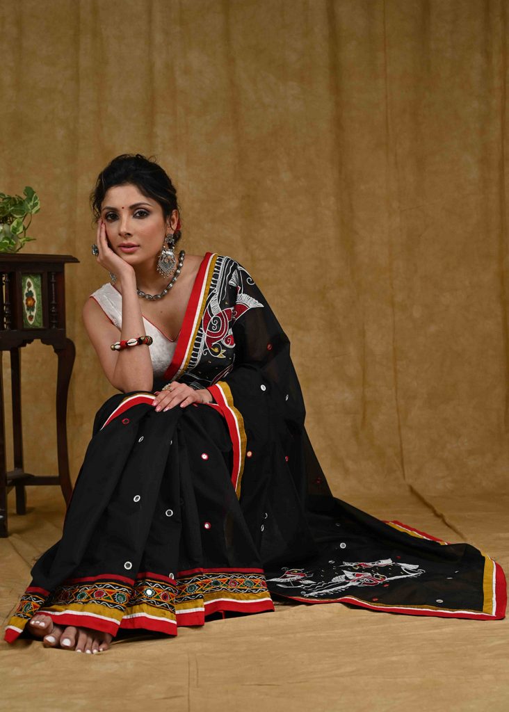 Black Designer Chanderi Saree with Intricate handwork and combination of Mirror work & Red Cotton Silk Border
