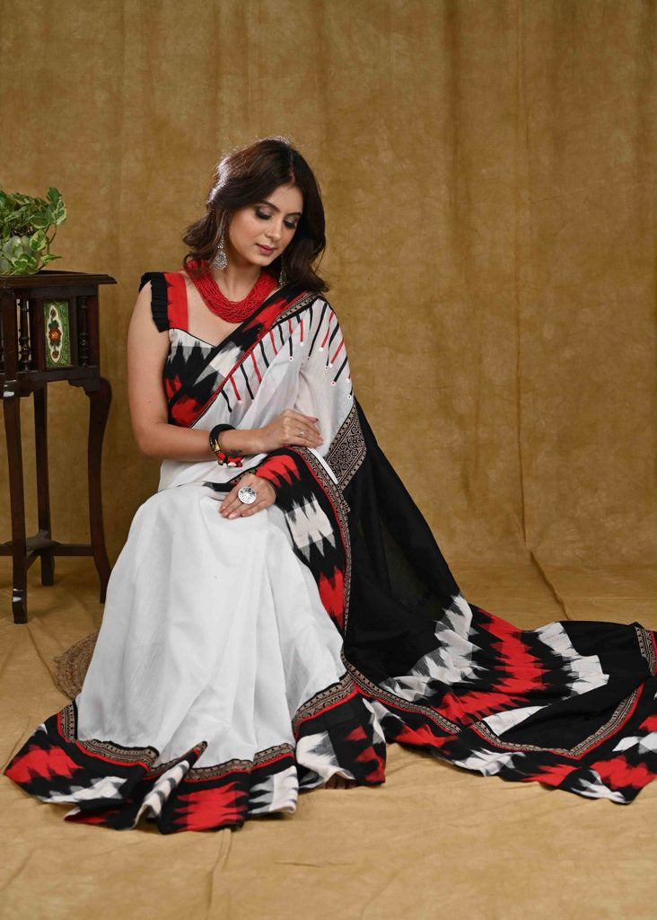 Stylish White Chanderi Saree with Ikat Border and Ikat Pallu