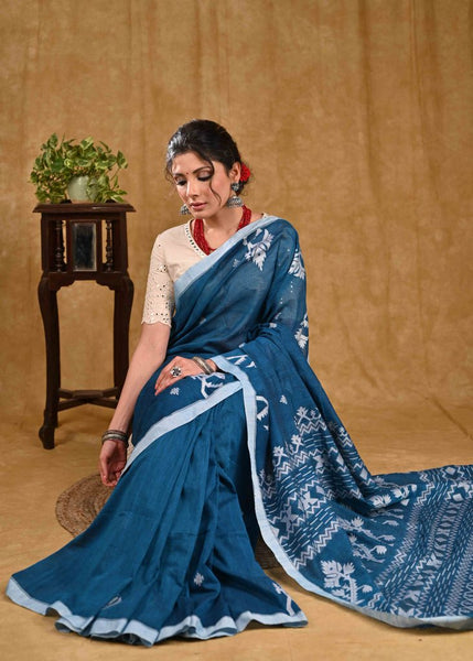 Elegant Blue Linen Saree with White Jamdani Weaving