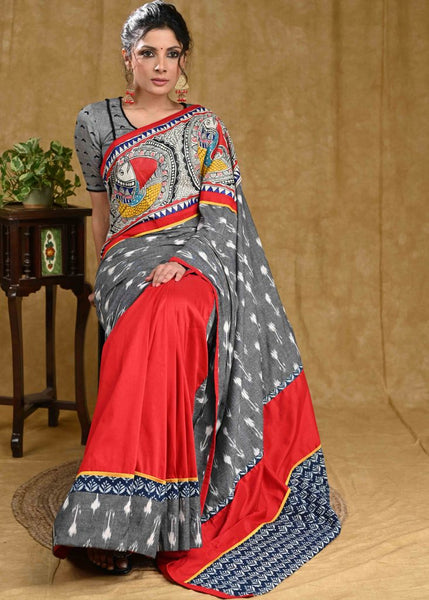 Designer Red Assam Silk Saree with Grey Ikaat Border and Madhubani Painting