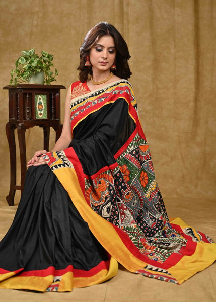 Gorgeous Black Assam Silk Saree with Hand Painted Madhubani Border & Pallu
