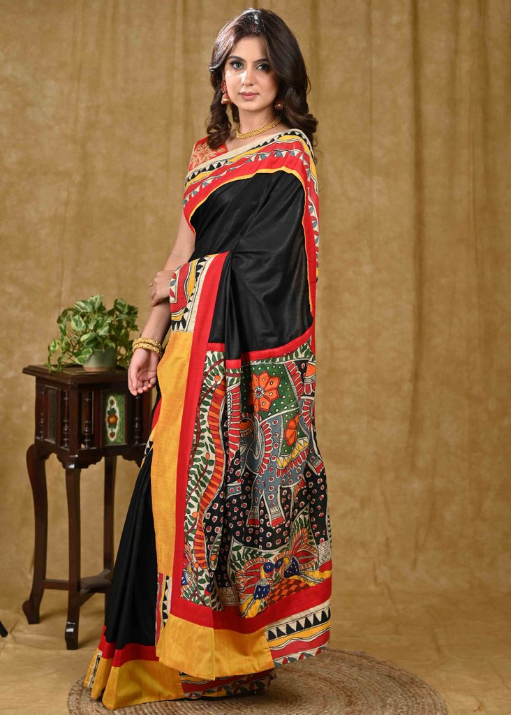 Gorgeous Black Assam Silk Saree with Hand Painted Madhubani Border & Pallu